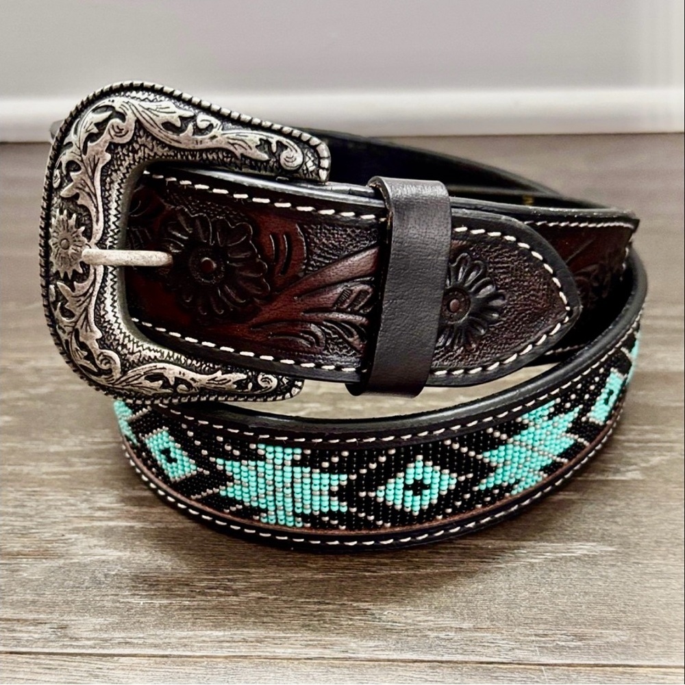 Ridge Mountain Genuine tooled leather,seed bead Aztec,Silvertone embossed buckle